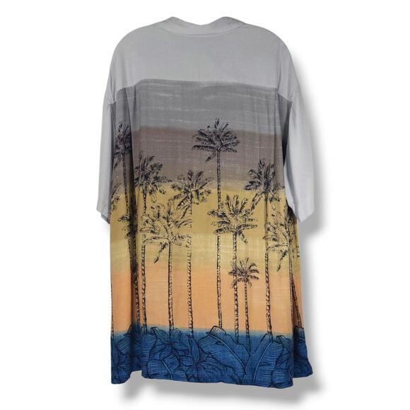Batik Bay Rayon Hawaiian Aloha Camp Shirt Palm Tree Sunset Gray Tan Blue XXL - Picture 2 of 5